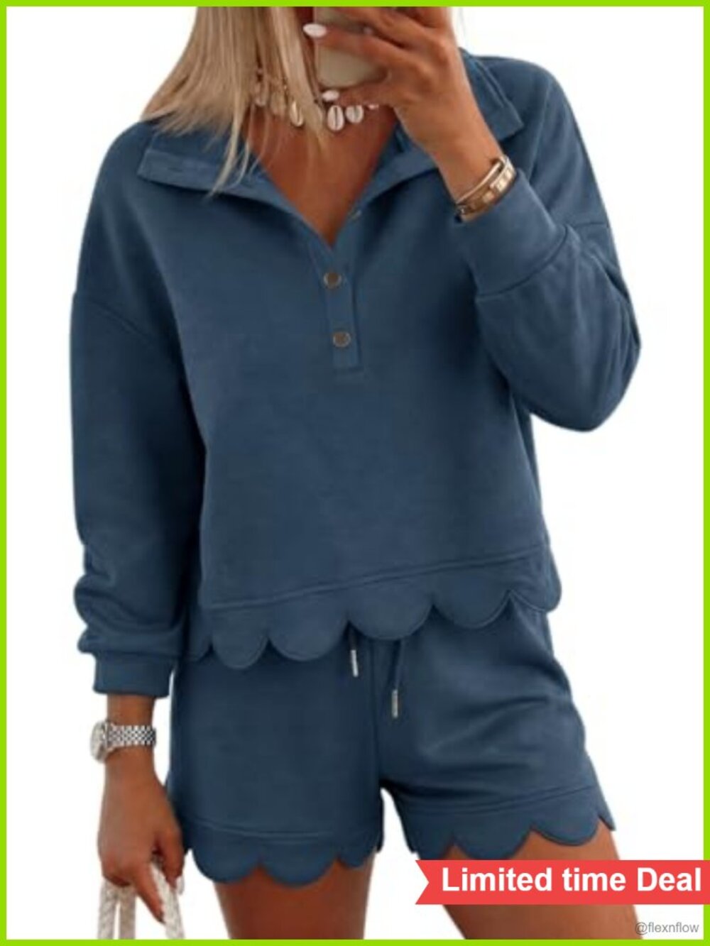 Women 2 Piece Sweatsuit Long Sleeve Quarter Button Pullover & Wide Leg Shorts